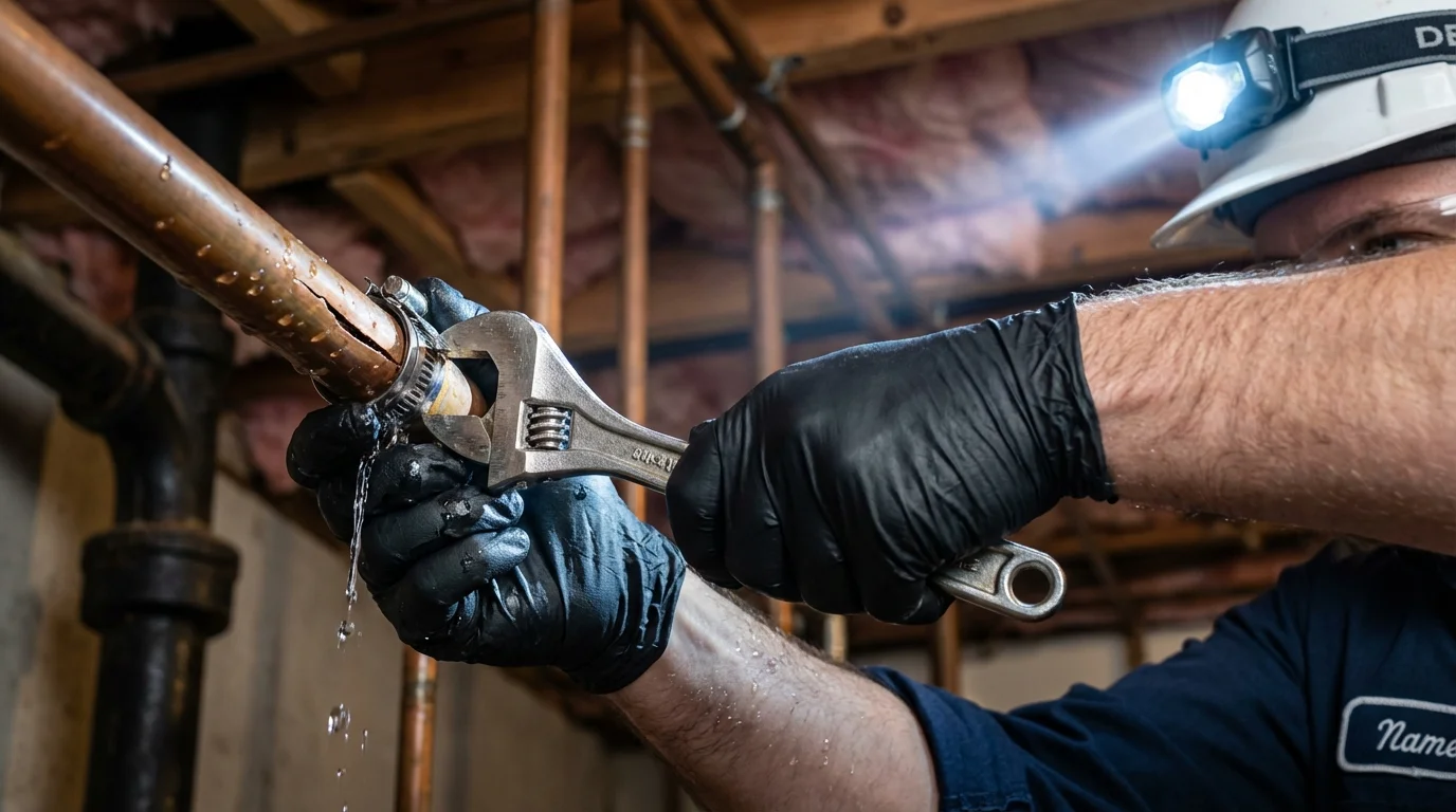 Emergency pipe clamp repair being performed by a Johns Plumbing LLC plumber in Crystal Lake