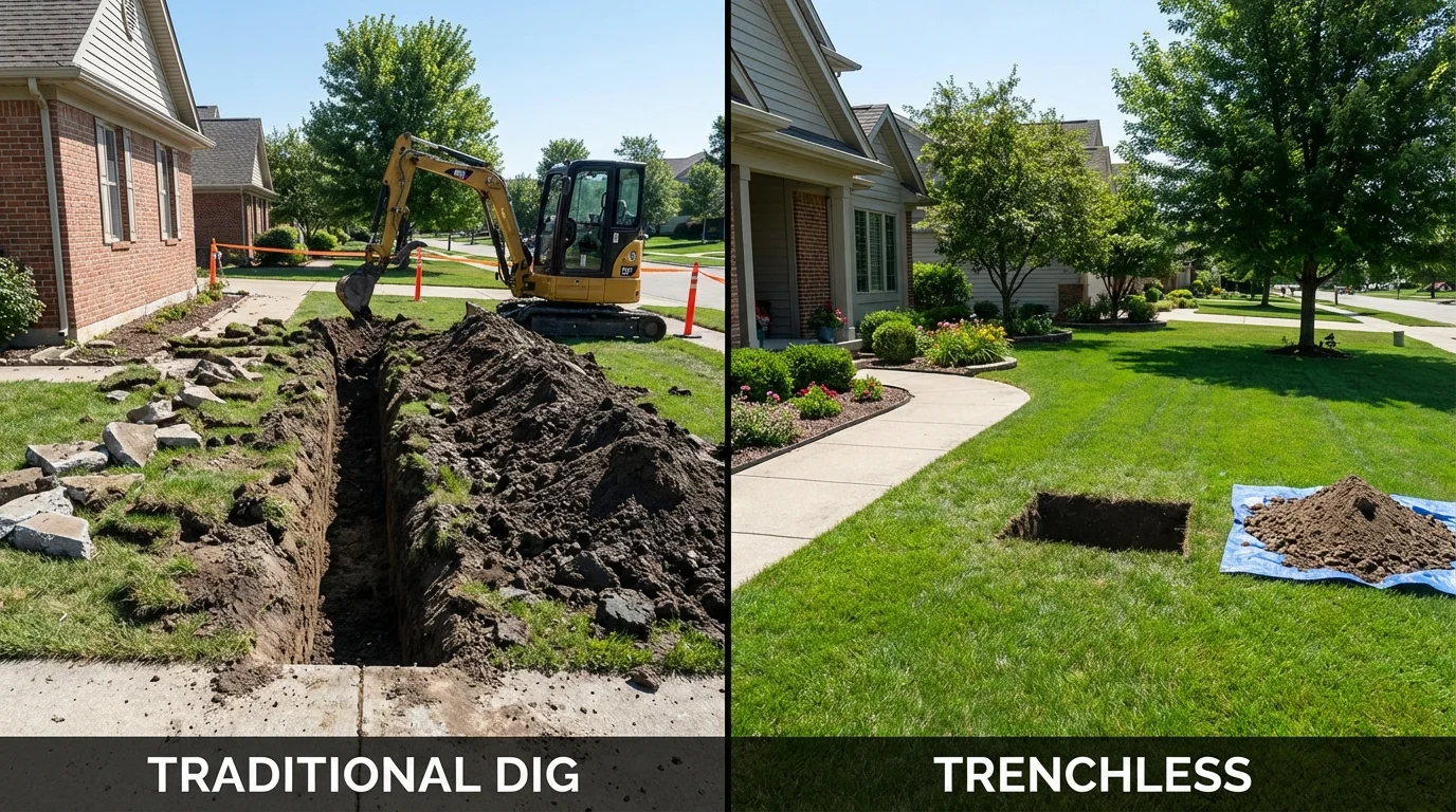 Trenchless sewer repair with minimal yard damage versus traditional excavation in Crystal Lake, IL