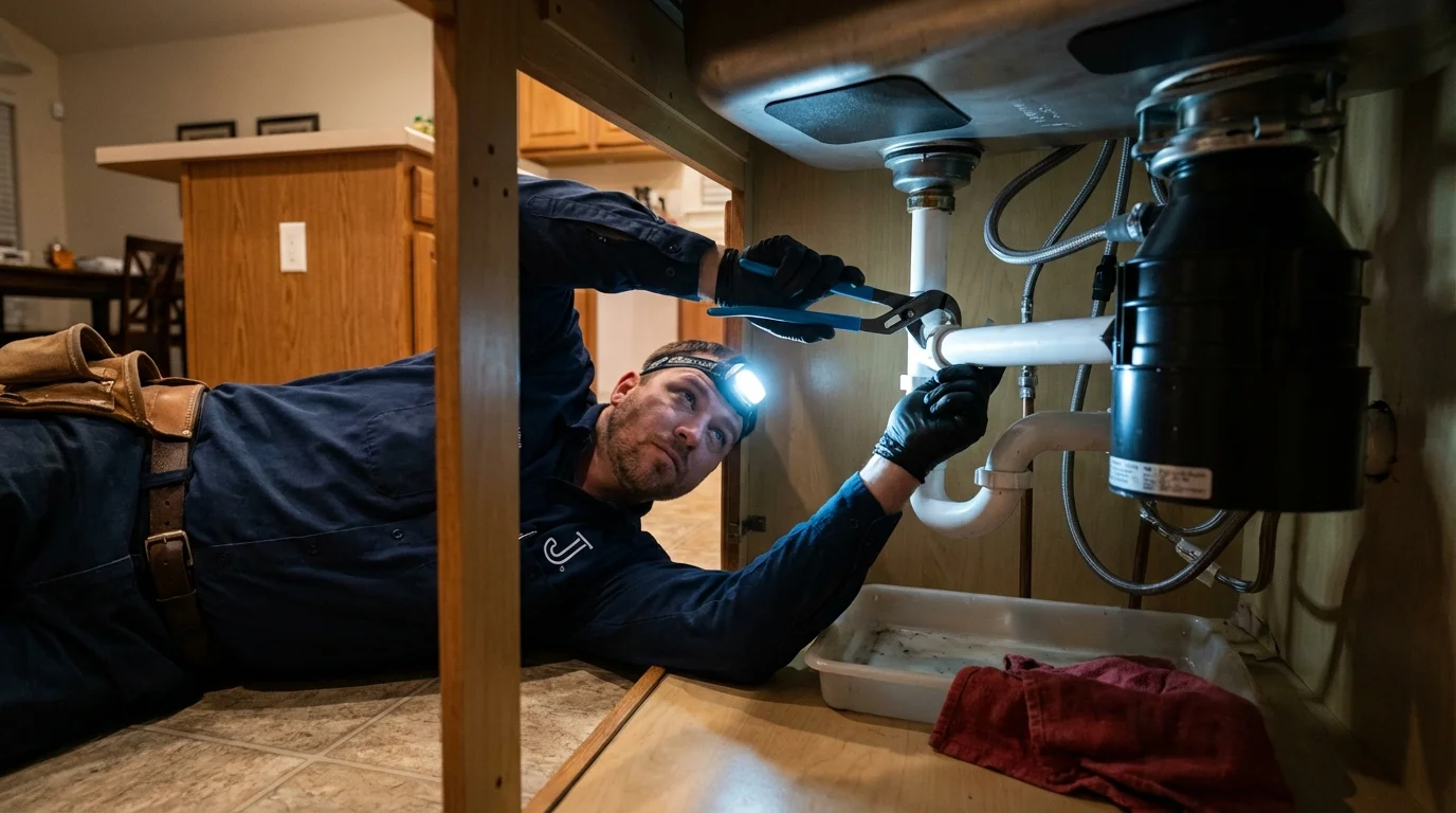 P-trap and supply line connections under a kitchen sink showing a common leak point in Crystal Lake, IL